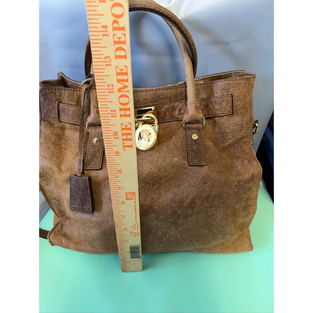Michael Kors Hamilton Ostrich Embossed Leather Satchel Brown Gold Link Strap